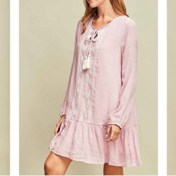 Entro Rose Pink Shift Dress Drop Waist Tassel Tie - Picture 2 of 8